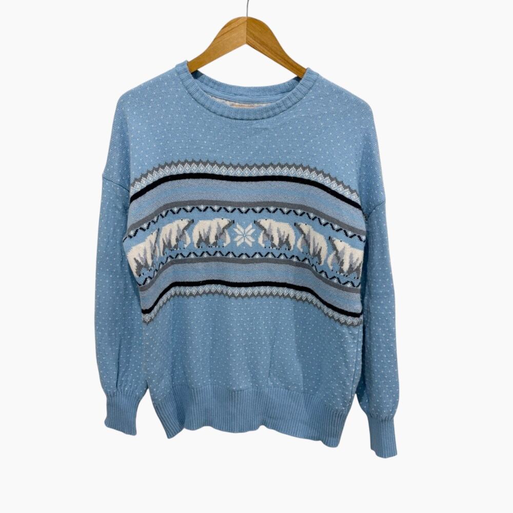 L.L.Bean Novelty Polar Bear Sweater Wool Blend Women's Medium Blue Fair Isle